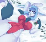  anthro big_breasts blue_body blue_eyes blush breasts christmas christmas_clothing clothed clothing eeveelution english_text female generation_4_pokemon glaceon hi_res holidays koukysato lying nintendo open_mouth pokemon pokemon_(species) pokemorph solo text thick_thighs 