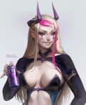  1girl aleriia_v blonde_hair blue_eyes breasts cleavage demon_girl demon_horns earrings facial_mark fang highres hoop_earrings horns jewelry medium_breasts nail_polish original pink_hair pointy_ears solo upper_body 