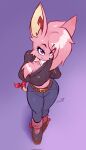 anthro big_breasts bottomwear breasts clothed clothing female footwear hi_res jamoart mammal mathilda_(jamoart) murid murine pants pink_body pose rat rodent sexy_eyes shoes simple_background smile solo 