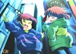  black_pants blue_sweater blush brown_hair chara_(undertale) city closed_eyes deltarune frisk_(undertale) green_sweater highres open_mouth pants poster_(object) red_pupils sky striped striped_sweater sweater tongue tongue_out traffic_light udoudoudonudon undertale 