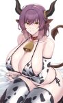  1girl absurdres animal_ears animal_print arknights bangs bell bikini breasts choker cleavage commentary cow_ears cow_horns cow_print cow_tail cowbell elbow_gloves english_commentary gloves highres horn_ornament horn_ring horns kanta_(kanta_077) kneeling large_breasts medium_hair purple_hair sideboob sideroca_(arknights) single_horn sitting solo swimsuit tail thighhighs yellow_eyes 