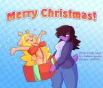  absurd_res anthro bingbingo_(artist) blonde_hair blue_background blush bottomwear bow_ribbon brown_hair buckteeth checkered_background christmas clothed clothing container deer deltarune denim denim_clothing dinosaur doe_with_antlers duo english_text eyes_closed female freckles gift hair hair_over_eye heart_reaction hi_res holidays in_box in_container jacket jeans long_hair mammal mostly_nude mostly_nude_anthro mostly_nude_female noelle_holiday one_eye_obstructed pants pattern_background purple_body red_nose red_ribbon reptile scalie simple_background skimpy susie_(deltarune) tail_motion tailwag teeth text topwear torn_bottomwear torn_clothing torn_jeans torn_pants undertale_(series) wrapped_up yellow_eyes 