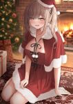  1girl bangs blush box breasts brown_eyes brown_hair christmas christmas_tree cleavage collarbone eyes_visible_through_hair hair_ornament hat highres large_breasts looking_at_viewer monaka_curl original parted_lips red_headwear rug santa_hat smile solo twintails 