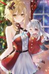  2girls :t antlers bangs bare_arms bare_shoulders bell belt black_belt blonde_hair bow breasts buckle christmas christmas_tree closed_mouth commentary criss-cross_halter curtains dress english_commentary food food_in_mouth food_on_face genshin_impact hair_between_eyes hair_bow halter_dress halterneck highres holding holding_food indoors long_hair long_sleeves lumine_(genshin_impact) medium_breasts multiple_girls neck_bell night night_sky one_eye_closed paimon_(genshin_impact) pudding_cream santa_costume santa_dress shooting_star short_dress short_hair_with_long_locks sidelocks sky sleeveless sleeveless_dress smile star_(sky) star_(symbol) starry_sky two-tone_dress wavy_mouth white_hair window yellow_eyes 