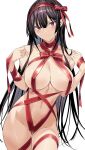  1girl absurdres areola_slip ass_visible_through_thighs bangs bare_shoulders black_hair breasts closed_mouth collarbone commentary groin hair_between_eyes hands_up highres hiiragi_yuuichi large_breasts long_hair naked_ribbon navel original purple_eyes red_ribbon ribbon simple_background solo straight_hair thighs very_long_hair white_background 