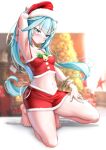  1girl aqua_hair arm_behind_head arm_up armpits barefoot blurry blurry_background breasts christmas closed_mouth crop_top faruzan_(genshin_impact) feet genshin_impact green_eyes hair_ornament highres hungz long_hair looking_at_viewer navel one_knee red_headwear skirt small_breasts stomach thighs toes white_background x_hair_ornament 