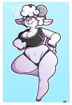  2019 anthro big_breasts black_clothing bodily_fluids bovid breasts caprine cleavage clothed clothing dogfluid female fur hair hi_res hooves horn huge_hips mammal sheep solo swear sweat thick_thighs topwear underwear white_body white_clothing white_fur white_hair white_tail wool_(fur) yellow_eyes 