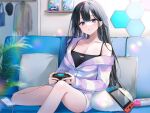  1girl :o bangs bare_shoulders black_hair blue_camisole blush breasts camisole cleavage collarbone controller couch holding holding_controller indoors jacket large_breasts long_hair long_sleeves looking_at_viewer nekoyashiki_pushio nintendo_switch off_shoulder original parted_lips pillow plant purple_eyes short_shorts shorts sitting solo spaghetti_strap white_jacket 