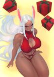  1girl abs animal_ears artist_name bangs bare_arms bare_shoulders bikini boku_no_hero_academia bow breasts christmas cleavage_cutout clothing_cutout dark-skinned_female dark_skin feet_out_of_frame gabriel_carrasquillo gift highres large_breasts long_eyelashes long_hair looking_at_viewer mirko mistletoe muscular muscular_female nail_polish navel parted_bangs rabbit_ears rabbit_girl red_bikini red_bow red_eyes red_nails sitting solo swimsuit tankini thick_thighs thighs very_long_hair white_hair yellow_background 
