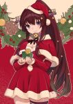  1girl black_thighhighs blush box breasts brown_hair capelet christmas christmas_ornaments cleavage closed_mouth commentary_request cowboy_shot gift gift_box hair_between_eyes hair_ornament hat headgear holding holding_gift kantai_collection long_hair looking_at_viewer mitsuyo_(mituyo324) pom_pom_(clothes) ponytail purple_eyes red_capelet red_headwear santa_costume santa_hat single_thighhigh smile solo star_(symbol) star_hair_ornament thighhighs yamato_(kancolle) 