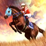  1boy black_footwear black_gloves bridle character_name gloves goggles helmet highres horse horse_racing horseback_riding ishigami_shin&#039;ichi jockey jumping mixed-language_commentary oju_chosan_(racehorse) real_life reins riding sugimotty_nova 