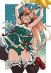  1girl :d absurdres animal_ear_fluff animal_ears armpits arms_up ass_visible_through_thighs bare_arms black_hair black_thighhighs blonde_hair christmas_tree_costume commentary cross-laced_footwear dress extra_ears fox_ears fox_girl fox_tail fur-trimmed_dress fur_trim gloves gradient_hair green_dress green_panties hair_ribbon highres holding holding_star jumping kemono_friends long_hair looking_at_viewer multicolored_hair official_alternate_costume open_mouth orange_eyes orange_hair panties red_footwear red_fox_(kemono_friends) ribbon shoes smile solo star_(symbol) tail tanabe_(fueisei) teeth thighhighs underwear upper_teeth_only very_long_hair white_gloves 