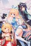  3girls absurdly_long_hair absurdres bare_shoulders blonde_hair blue_eyes highres humuyun long_hair lunar-q lunaria_-virtualized_moonchild- mew_myaf momosaki_kon multiple_girls smile very_long_hair 