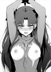  1girl absurdres angry arms_up bangs bdsm blush bondage bound bound_wrists breasts breasts_apart breasts_out chain cuffs fate/stay_night fate_(series) greyscale hair_between_breasts hair_ribbon handcuffs high_collar highres impossible_clothes impossible_sweater kyokucho large_breasts long_hair long_sleeves looking_at_viewer monochrome nipples open_mouth parted_bangs restrained ribbon simple_background solo sweat sweater tearing_up tears tohsaka_rin torn_clothes turtleneck turtleneck_sweater two_side_up upper_body white_background 
