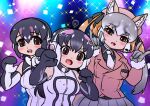  3girls african_penguin_(kemono_friends) animal_ears bare_shoulders black_hair blazer edamamezooooo elbow_gloves extra_ears fox_ears fox_girl gloves grey_hair humboldt_penguin_(kemono_friends) island_fox_(kemono_friends) jacket kemono_friends kemono_friends_v_project long_hair microphone multicolored_hair multiple_girls necktie orange_hair penguin_girl purple_hair ribbon shirt short_hair sleeveless sleeveless_shirt twintails virtual_youtuber 