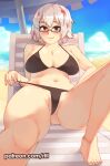  1girl absurdres bangs barefoot beach beach_umbrella bikini bikini_pull black_bikini blue_eyes blush boku_no_hero_academia breasts cleavage closed_mouth clothes_pull glasses highres knee_up large_breasts looking_at_viewer lying multicolored_hair navel outdoors red_hair rtil smile solo swimsuit todoroki_fuyumi umbrella white_hair 