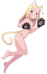  1girl animal_ear_fluff animal_ears animal_hands bangs bare_arms bare_legs bare_shoulders barefoot bikini black_gloves blonde_hair blue_eyes breasts cat_ears cat_girl cat_tail choker collarbone feet forehead full_body gloves grin heart highres light_blush long_hair looking_at_viewer original parted_bangs paw_gloves petite saiste side-tie_bikini_bottom simple_background small_breasts smile solo string_bikini swimsuit tail white_background white_bikini white_choker 