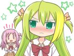  2girls alina_gray alternate_hairstyle bangs blonde_hair blush bow bowtie brown_skirt chibi closed_mouth green_eyes green_hair hair_ornament hair_ribbon hairstyle_switch long_hair looking_at_another magia_record:_mahou_shoujo_madoka_magica_gaiden mahou_shoujo_madoka_magica medium_hair misono_karin multiple_girls one_side_up open_mouth orange_ribbon parted_bangs purple_eyes purple_hair red_bow red_bowtie reverse_(bluefencer) ribbon sakae_general_school_uniform school_uniform shirt skirt smile star_(symbol) star_hair_ornament two_side_up white_shirt 