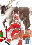  1girl :o absurdres animal_ears bangs bare_shoulders belt boku_no_hero_academia boots breasts christmas dark-skinned_female dark_skin dress elbow_gloves full_body fur-trimmed_boots fur-trimmed_gloves fur-trimmed_headwear fur-trimmed_shirt fur-trimmed_skirt fur_collar fur_trim gift gloves hat highres large_breasts long_eyelashes long_hair looking_at_viewer midriff mirko navel omanju25 parted_bangs pom_pom_(clothes) rabbit rabbit_ears rabbit_girl red_eyes red_footwear red_gloves red_headwear red_skirt reindeer santa_dress santa_hat shirt sitting skirt sleeveless sleeveless_shirt solo very_long_hair white_hair 