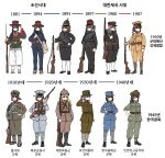  6+girls bangs bayonet belt black_eyes black_hair black_jacket black_pants blonde_hair blue_eyes blue_jacket blue_pants bolt_action brown_jacket brown_pants closed_mouth full_body green_jacket green_pants grey_eyes grey_hair gun highres holding holding_gun holding_weapon jacket korea long_hair long_sleeves magazine_(weapon) military military_uniform multiple_girls original pants ponytail republic_of_korea_army rifle salute short_hair simple_background south_korea standing uniform wavy_hair weapon white_background white_pants yong-gok 