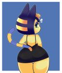  animal_crossing ankha_(animal_crossing) anthro black_clothing black_dress blue_eyes blue_hair clothed clothing digital_media_(artwork) domestic_cat dress egyptian eyeshadow felid feline felis female frown fur hair hi_res looking_at_viewer looking_back makeup mammal minidress nintendo onigiri_punch open_back_dress panties purple_eyeshadow rear_view simple_background solo tight_clothing underwear video_games white_clothing white_panties white_underwear yellow_body 