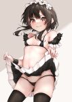  1girl alternate_costume bangs black_bra black_panties black_thighhighs blush bra brown_hair clothes_lift enmaided kono_subarashii_sekai_ni_shukufuku_wo! lifted_by_self looking_at_viewer maid megumin panties red_eyes short_hair short_hair_with_long_locks sidelocks skindentation skirt skirt_lift solo thighhighs underwear wa_ki_ya_ku 