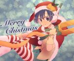  1boy belt blue_eyes christmas closed_mouth fur_trim hat looking_at_viewer male_focus merry_christmas rusinomob santa_hat smile snowflakes solo star_ocean star_ocean_the_second_story striped striped_thighhighs thighhighs weapon zadkiel_(star_ocean) 