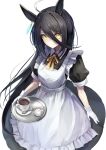  1girl absurdres ahoge alternate_costume animal_ears apron bangs black_dress black_hair coffee coffee_cup cup disposable_cup dress ear_piercing enmaided from_above gloves hair_between_eyes highres holding holding_tray horse_ears horse_girl long_bangs long_hair long_sleeves looking_at_viewer maid maid_apron maid_headdress manhattan_cafe_(umamusume) neck_ribbon orange_ribbon piercing puffy_short_sleeves puffy_sleeves ribbon sashimi0gou saucer short_sleeves smile solo spoon tray umamusume white_apron white_gloves white_hair yellow_eyes 
