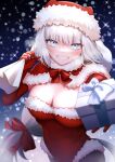  1girl animal_ears bangs blue_eyes blush box breasts capelet cat_ears cat_girl cat_tail dobrynya_nikitich_(fate) elbow_gloves fate/grand_order fate_(series) fur-trimmed_capelet fur-trimmed_headwear fur-trimmed_leotard fur_trim gift gift_box gloves grin hat highleg highleg_leotard highres holding holding_sack ichi_kq large_breasts leotard long_hair looking_at_viewer low_ponytail outstretched_arm red_capelet red_gloves red_headwear red_leotard sack santa_costume santa_hat smile snow snowing solo tail thighs white_hair 