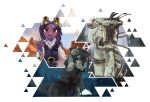  3girls absurdres arm_up bent_over blue_eyes closed_eyes closed_mouth dark-skinned_female dark_skin day fingerless_gloves fog from_side gloves hand_up hat highres hood hood_up horizon_zero_dawn kemono_friends long_sleeves looking_at_viewer mechanical_tail multiple_girls night open_mouth original outdoors personification sharp_teeth smile snapmaw_(horizon) stalker_(horizon) tail tallneck_(horizon) teeth toki_reatle upper_teeth_only yellow_eyes 