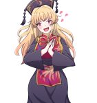  1girl 584koyashi :d black_dress blonde_hair dress headdress heart highres junko_(touhou) long_hair long_sleeves looking_at_viewer open_mouth own_hands_together red_eyes simple_background smile solo tabard tassel touhou white_background 