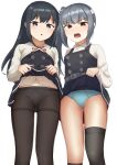  2girls absurdres angry asashio_(kancolle) asashio_kai_ni_(kancolle) belt black_hair black_pantyhose black_ribbon blue_eyes dress green_panties grey_hair haruno_plum highres holding holding_clothes holding_skirt jacket kantai_collection kasumi_(kancolle) kasumi_kai_ni_(kancolle) lifted_by_self long_hair long_sleeves looking_at_viewer multiple_girls open_mouth panties panties_under_pantyhose pantyhose pinafore_dress red_ribbon ribbon shirt short_sleeves side_ponytail skirt sleeveless sleeveless_dress underwear white_panties white_shirt yellow_eyes 