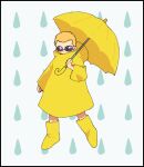  1boy aged_down blonde_hair closed_eyes donquixote_doflamingo high_collar holding holding_umbrella long_sleeves one_piece rain rain_print short_hair simple_background solo_focus standing sunglasses toro_sarmon235 umbrella yellow_raincoat yellow_umbrella 