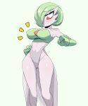  1girl :&lt; absurdres ass_visible_through_thighs bangs bare_shoulders blush bob_cut breasts cleavage closed_mouth colored_skin commentary covered_navel covered_nipples elbow_gloves english_commentary gardevoir gen.fleur gloves green_background green_gloves green_hair groin hair_over_one_eye hand_up highres large_breasts legs leotard looking_down multicolored_leotard notice_lines one_eye_covered pokemon pokemon_(creature) raised_eyebrows red_eyes shiny shiny_skin short_hair simple_background solo split_mouth standing strapless strapless_leotard thighs white_skin wide_hips 