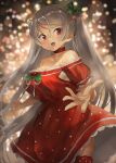  1girl bad_anatomy bad_proportions blush breasts brown_eyes choker christmas christmas_lights commentary_request conte_di_cavour_(kancolle) cowboy_shot dress foreshortening grey_hair kantai_collection large_breasts long_hair open_mouth red_choker red_dress red_thighhighs smile solo thighhighs toka_(marchlizard) 