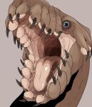  absurd_res ambiguous_gender black_claws blue_eyes body_horror brown_body brown_fur claws feral fur glistening glistening_eyes grey_background headshot_portrait hi_res imperatorcaesar long_neck looking_at_viewer monster mouth_shot open_mouth portrait simple_background solo tongue wide_eyed 