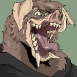  1:1 absurd_res anthro black_clothing black_topwear bodily_fluids brown_body brown_fur bust_portrait clothed clothing floppy_ears fur green_background hi_res imperatorcaesar looking_at_viewer male missing_tooth mouth_shot neck_tuft open_mouth portrait saliva saliva_on_tongue sharp_teeth simple_background solo tan_ears teeth topwear tuft tusks unsigned 