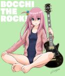  1girl blue_eyes blue_one-piece_swimsuit bocchi_the_rock! copyright_name cube_hair_ornament electric_guitar flick_(sal23) full_body gibson_les_paul gotou_hitori green_background guitar hair_between_eyes hair_ornament highres holding holding_instrument instrument jacket long_hair looking_at_viewer one_side_up pink_hair pink_jacket simple_background sitting solo swimsuit swimsuit_under_clothes track_jacket twitter_username 