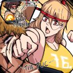  1boy 1girl 1other alternate_breast_size blonde_hair breasts chainsaw_man character_request cleavage cross-section denji_(chainsaw_man) hairband headband long_hair looking_at_another mark_gavatino open_mouth power_(chainsaw_man) punching red_eyes red_headband ringed_eyes sharp_teeth shirt short_hair teeth yellow_shirt 