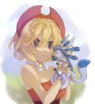  1girl alternate_eye_color alternate_size bangs bare_shoulders blonde_hair bracelet breasts cleavage closed_mouth collarbone eyelashes fingernails glaceon grey_eyes hair_between_eyes hairband highres holding holding_pokemon irida_(pokemon) jewelry medium_breasts nail_polish neck_ring pokemon pokemon_(creature) pokemon_(game) pokemon_legends:_arceus red_hairband red_nails red_shirt shirt short_hair smile strapless strapless_shirt virno 