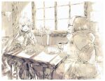  2girls arch_bishop_(ragnarok_online) bangs bouquet commentary cross cup dress feet_out_of_frame flower flower_on_head glasses greyscale holding holding_cup indoors long_hair looking_at_another monochrome multiple_girls open_mouth pointy_ears puffy_short_sleeves puffy_sleeves ragnarok_online sash short_hair short_sleeves sitting smile table tea teacup tokio_(okt0w0) window 