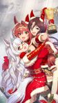  3girls :d ;d ahoge animal_ears biwa_hayahide_(noel_rouge_carol)_(umamusume) biwa_hayahide_(umamusume) brown_hair christmas daiwa_scarlet_(scarlet_nuit_etoile)_(umamusume) daiwa_scarlet_(umamusume) dated detached_sleeves dress from_side fur_trim glasses gloves hair_between_eyes hair_intakes hair_over_one_eye highres holding_trophy horse_ears horse_girl jacket long_hair looking_at_viewer multicolored_hair multiple_girls official_alternate_costume official_alternate_hairstyle one_eye_closed red-framed_eyewear red_dress red_eyes red_gloves red_jacket semi-rimless_eyewear shinmai_(kyata) smile streaked_hair tiara twitter_username umamusume very_long_hair vodka_(nonfreezing_aqua_vitae)_(umamusume) vodka_(umamusume) wavy_hair white_gloves white_hair yellow_eyes 