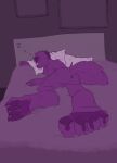  absurd_res anthro anus backsack balls bed boblios butt canid canine claws eyebrows eyes_closed feet fingers fur furniture genitals hair hi_res male mammal monochrome nude pawpads paws perineum picture_frame pillow plantigrade purple_body purple_eyebrows purple_fur purple_hair purple_tail sleeping solo sound_effects vowelless vowelless_sound_effect zzz 