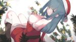  1girl amano_nene_(vtuber) bare_shoulders blue_hair boots breasts christmas cleavage commission detached_sleeves green_eyes hat highres large_breasts long_hair looking_at_viewer production_kawaii rb2 santa_costume santa_hat solo strapless virtual_youtuber 