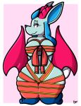  2019 anthro big_breasts blue_body blue_fur bound breasts clothing dark_body dark_fur dogfluid eeveelution female fur generation_4_pokemon glaceon horn huge_hips long_ears looking_away markings nintendo pink_eyes pink_horn pink_wings pokemon pokemon_(species) red_clothing solo suggestive thick_thighs topwear wings yellow_clothing 