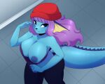  absurd_res anthro beanie big_breasts blue_body blue_eyes blue_nipples bottomwear bra_lift breasts clothed clothing eeveelution female fin flashing generation_1_pokemon hair hat head_fin headgear headwear hi_res high-angle_view looking_at_viewer nintendo nipples pants partially_clothed pokemon pokemon_(species) purple_hair seirva smile solo thick_tail topwear vaporeon walking 