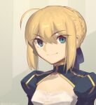  1girl ahoge artoria_pendragon_(fate) bangs blonde_hair blue_dress blue_eyes blue_ribbon boa_(brianoa) breasts buttons cleavage_cutout closed_mouth clothing_cutout commentary dress english_commentary fate/stay_night fate_(series) green_eyes grey_background hair_bun hair_ribbon looking_at_viewer mandarin_collar puffy_sleeves redrawn ribbon saber sidelocks single_hair_bun small_breasts smile solo tsurime twitter_username upper_body 