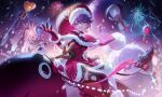  1girl aerial_fireworks animal black_thighhighs blue_eyes blue_hair box capelet christmas doremy_sweet earrings fireworks gift gift_box gloves hair_between_eyes hat jewelry looking_at_viewer open_mouth pom_pom_(clothes) red_capelet red_gloves red_headwear sack santa_costume santa_hat short_hair single_earring sitting snowman solo star_(symbol) star_earrings tail tapir tapir_tail thighhighs touhou u_u_zan 