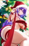 1girl alternate_costume ass bangs blurry blurry_background bow bow_bra bra braid braided_ponytail breasts christmas christmas_lights christmas_tree closed_mouth commentary dutch_angle earrings from_below fur-trimmed_shorts fur_trim genshin_impact hair_between_eyes hat highres holding holding_ribbon jewelry large_breasts leg_ribbon liu_liaoliao long_hair looking_at_viewer mole mole_under_eye nail_polish pom_pom_(clothes) purple_eyes purple_hair purple_nails raiden_shogun red_bow red_headwear red_ribbon red_shorts ribbon ribbon_bra santa_hat short_shorts shorts sidelocks single_braid skindentation smile star_(symbol) star_earrings symbol-only_commentary thighs underboob underwear very_long_hair wrist_ribbon 