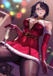  1girl absurdres bangs bare_shoulders bell belt black_pantyhose blurry blurry_background blush breasts brown_belt choker christmas cleavage cup dress elbow_gloves glasses gloves highres holding holding_cup kagematsuri large_breasts looking_at_viewer mixed-language_commentary neck_bell original pantyhose parted_lips purple_eyes purple_hair red_dress red_gloves santa_costume solo 